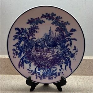 Vintage Decorative Blue and White Rooster, Hen, Chicks Plate